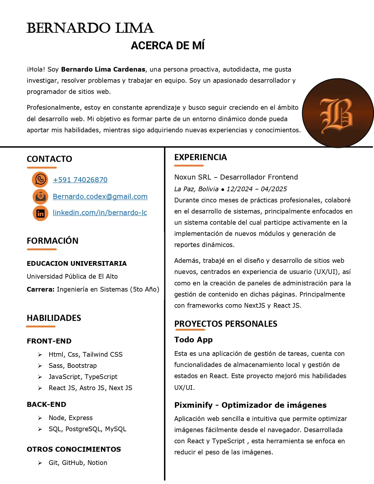 Curriculum Vitae de Bernardo Lima