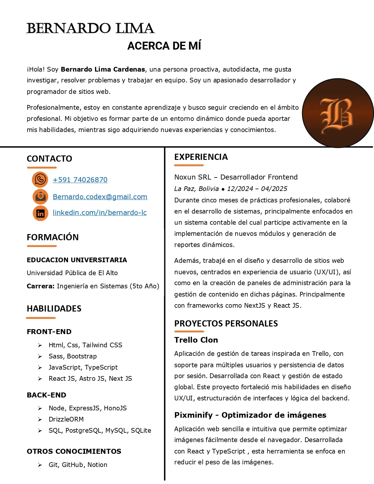 Curriculum Vitae de Bernardo Lima