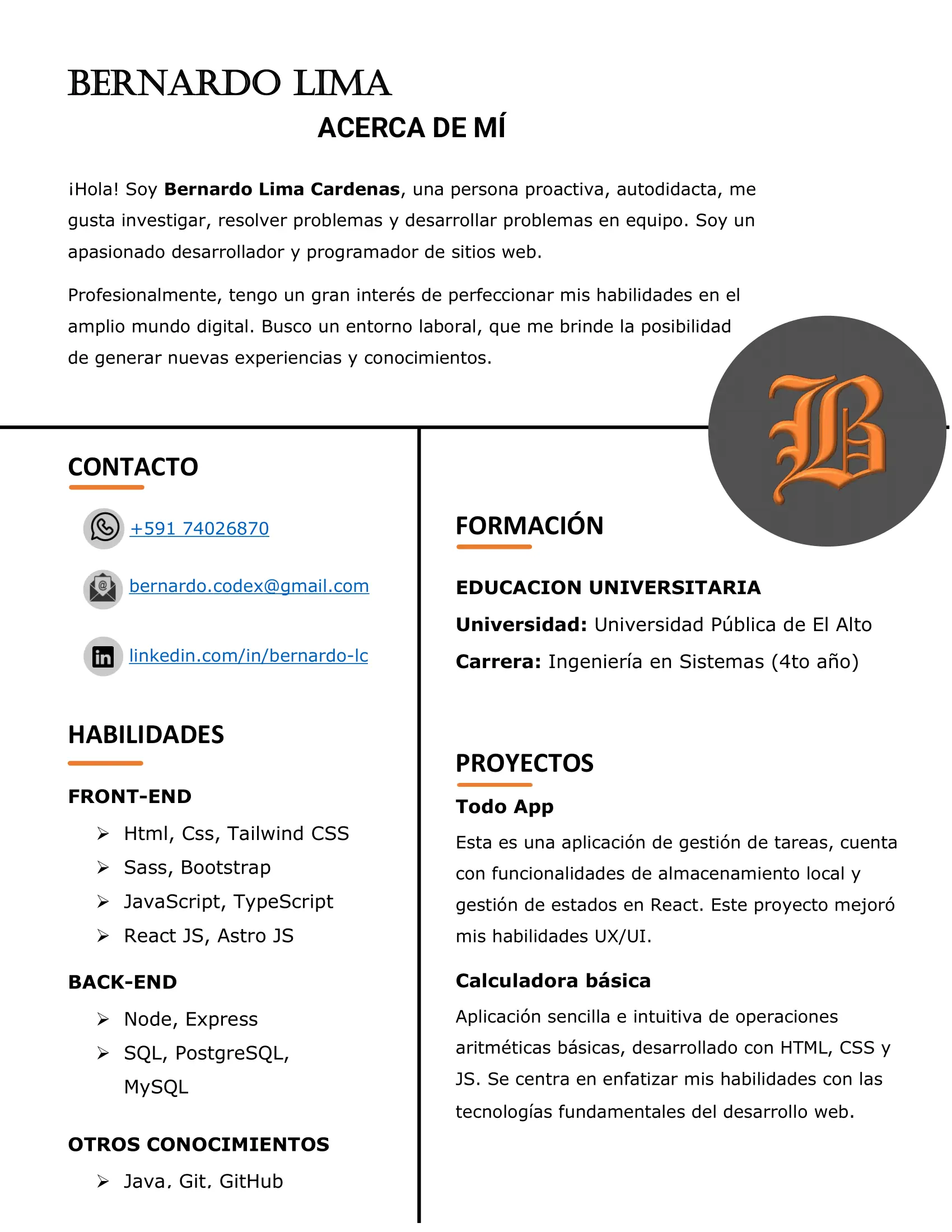 Curriculum Vitae de Bernardo Lima